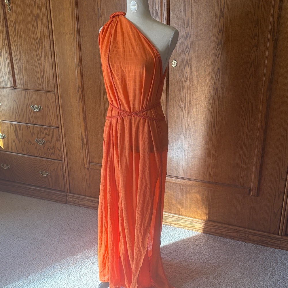Elegant One-Shoulder Orange Maxi Dress